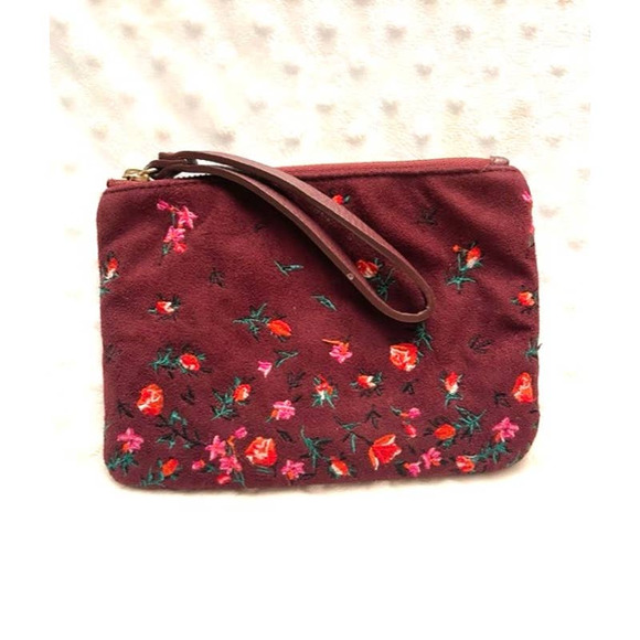 Old Navy Burgundy Embroidered Floral Faux Suede Wristlet - Picture 1 of 5